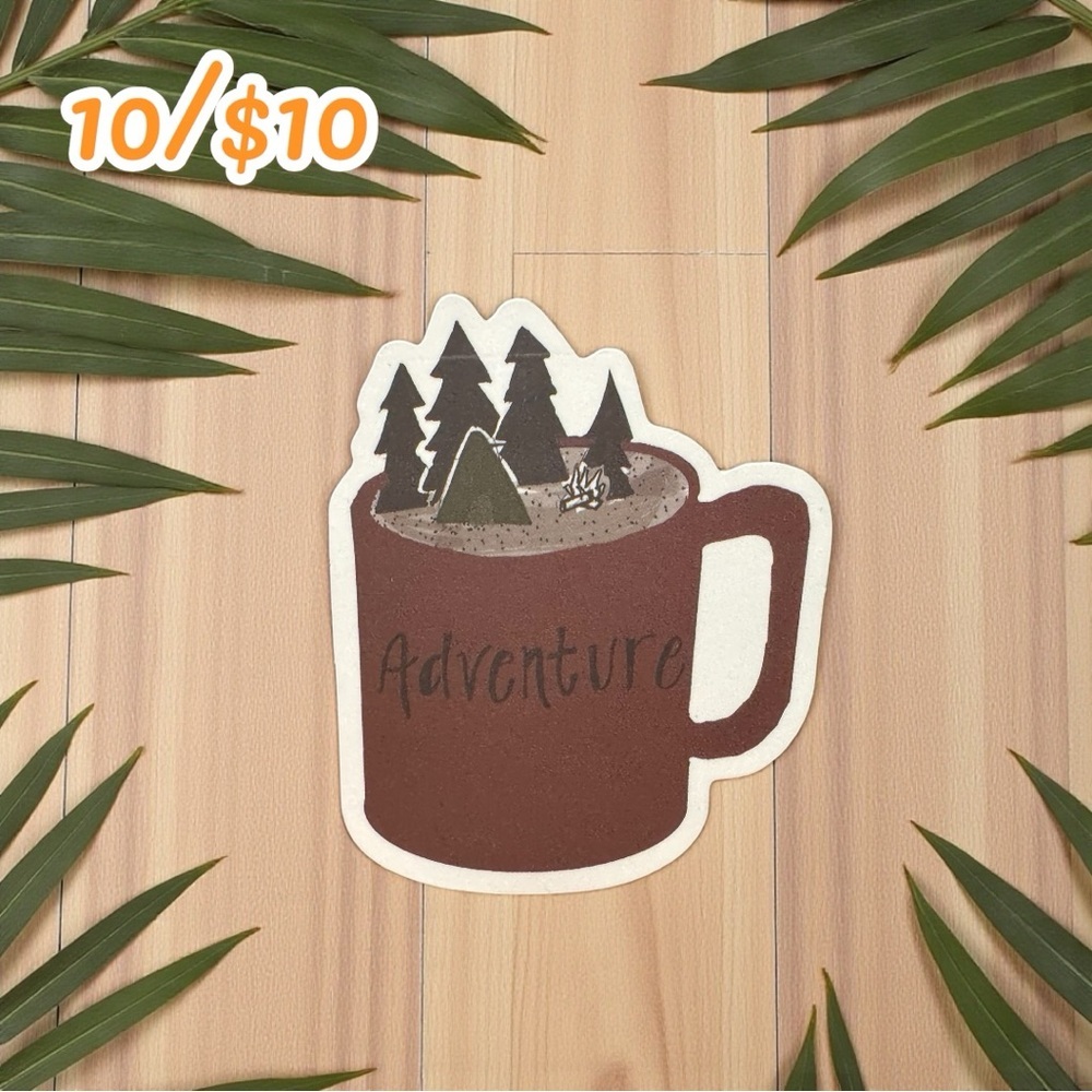 “Adventure Mug” Camping Sticker – Approx. 2 1/4”, Matte Finish